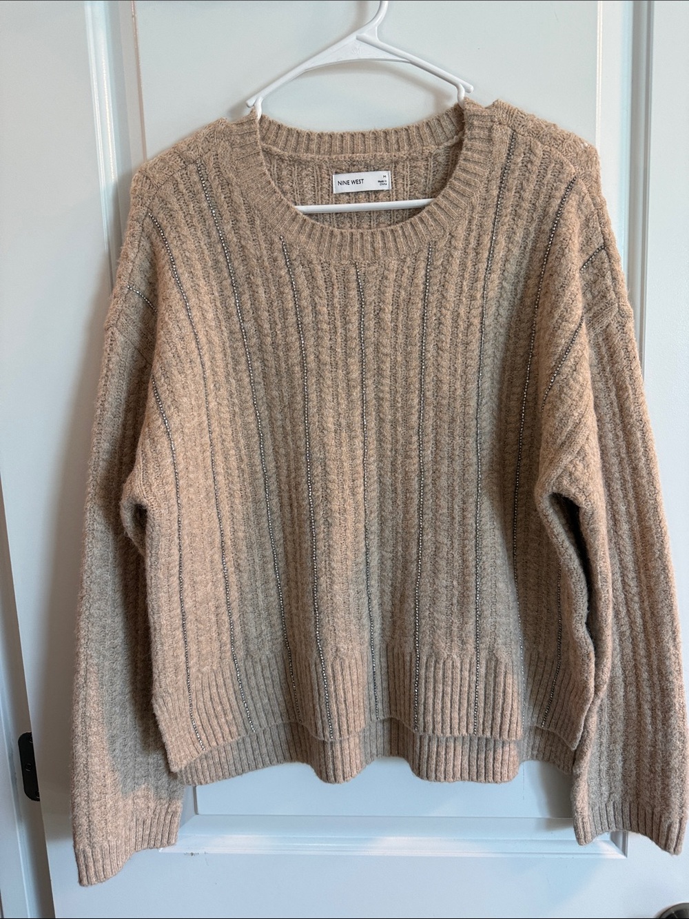 Nine West Beige Ribbed Crewneck Sweater with Metallic Accent